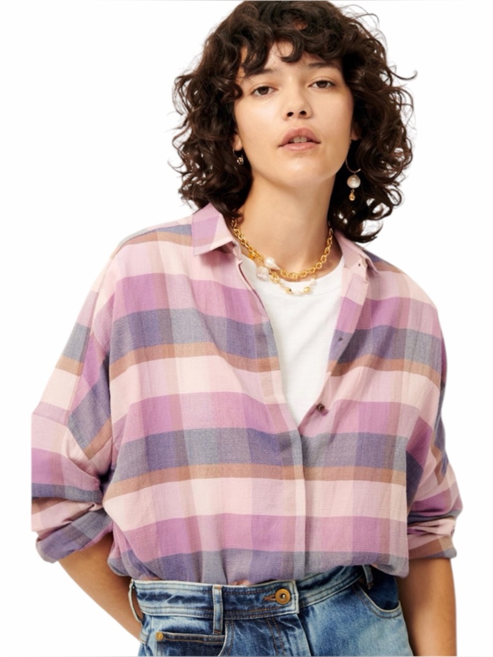 Sessun Delima Purple Tan Plaid Long Sleeve Shirt Medium
